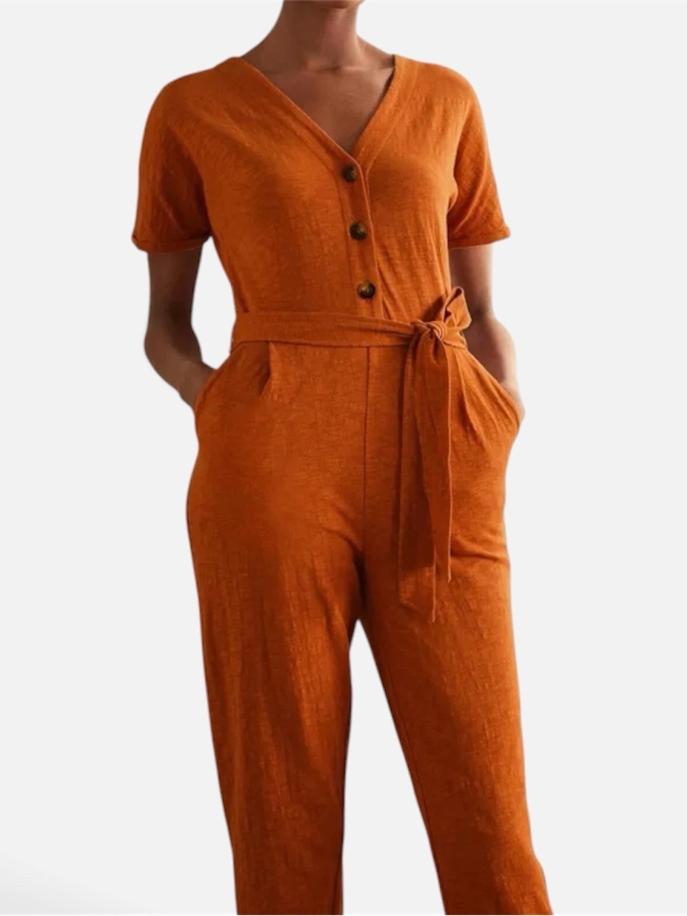 Boden Alberta Jersey Jumpsuit Size 8P Copper Rust Orange V Neck Belted Button 8